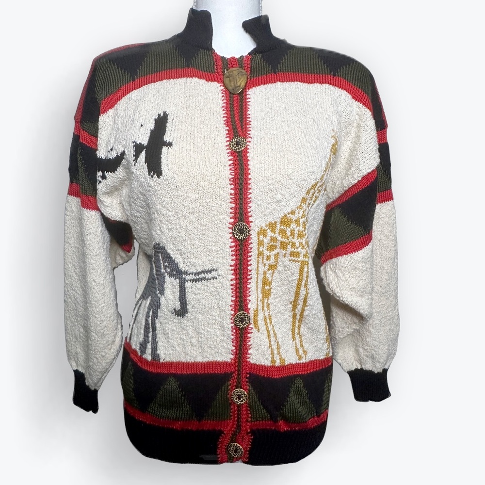 Vintage Felizzi Cardigan Sweater Hand Loomed - African Safari - Size Small